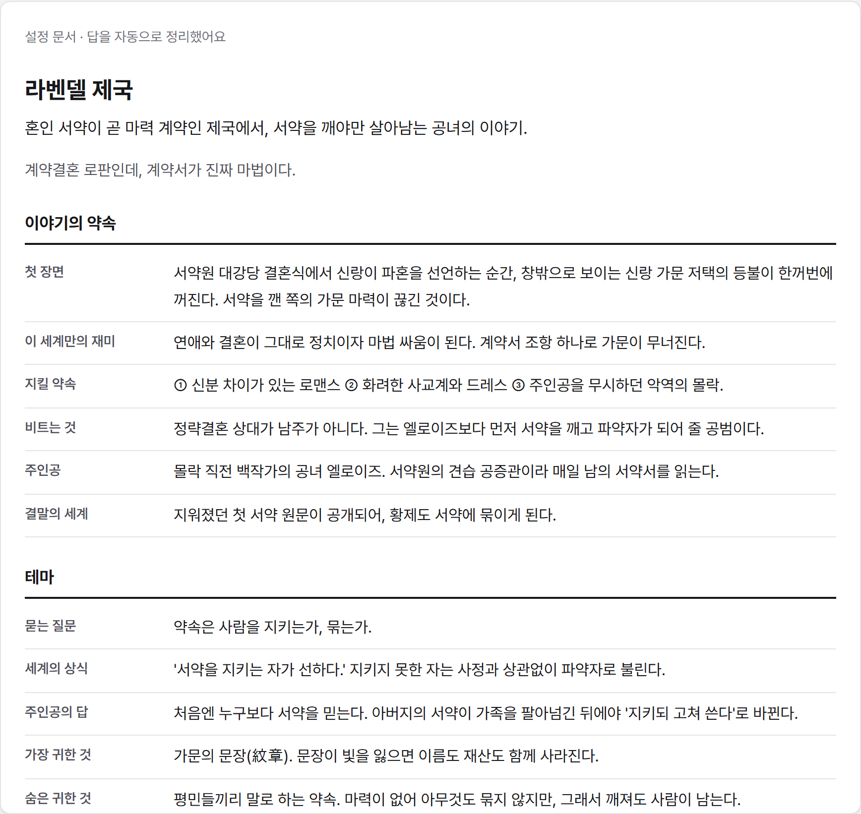 라벤델 제국의 답으로 채운 설정 문서 화면